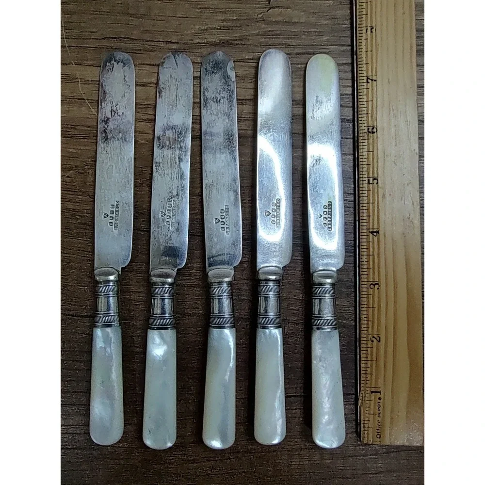 Antique Sheffield EPNS Butter Knives Set of 5 Sterling Ferrules Mother of Pearl